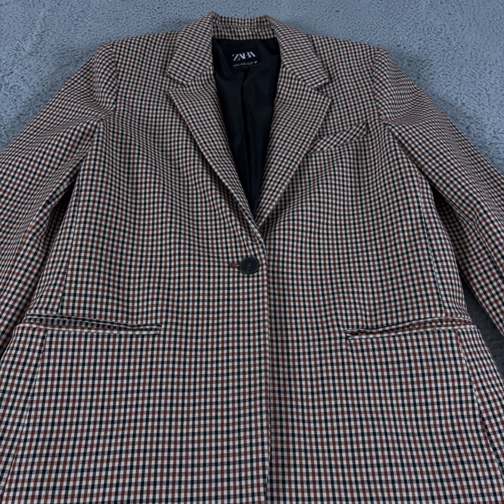 Zara Blazer Womens Medium Orange Check Jacket Coat Academia‎ Preppy Polyester